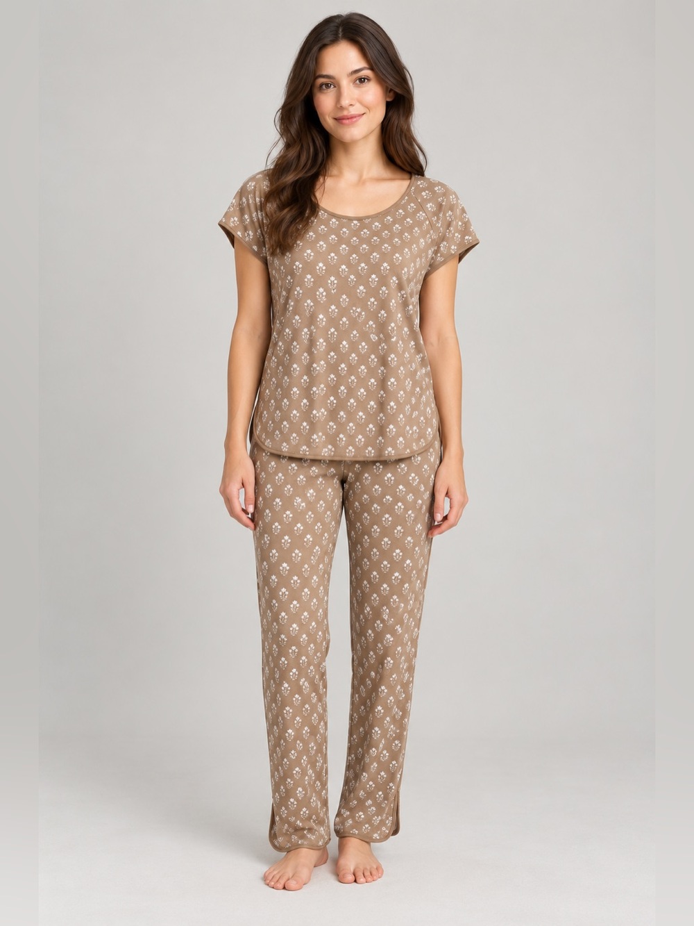 LAKE Pajamas Brown Floral Pima Cotton Top Pants Set Size XS